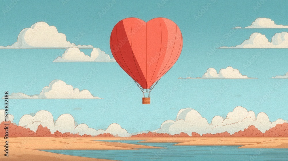 Fototapeta premium Love Takes Flight: A heart-shaped hot air balloon soars serenely over a landscape, symbolizing love and dreams in a picturesque moment.