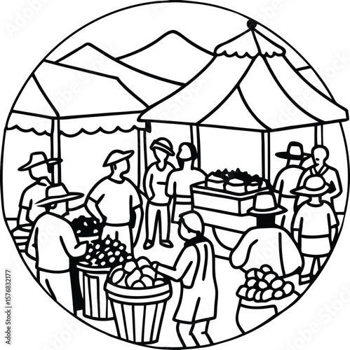 Detailed line vector of a crowded rural weekly village market scene, Village haat line art, Rural market sketch, Traditional bazaar outline

