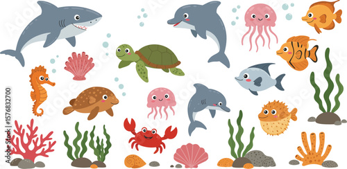 Sea life Cartoon ocean underwater animals Cute water fish sea horse crab shark dolphin turtle happy jellyfish Marine wildlife creatures Kids vector illustration A playful collection of cartoon