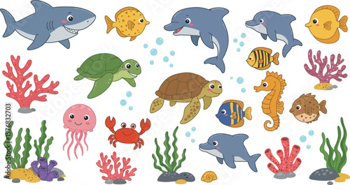 Sea life Cartoon ocean underwater animals Cute water fish sea horse crab shark dolphin turtle happy jellyfish Marine wildlife creatures Kids vector illustration A playful collection of cartoon