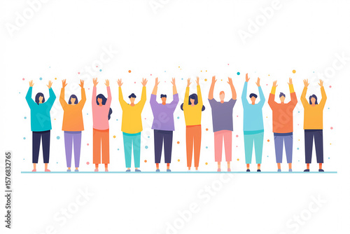 Flat Illustration of Teamwork Achievement: Success, Applause and Joyful Banzai
