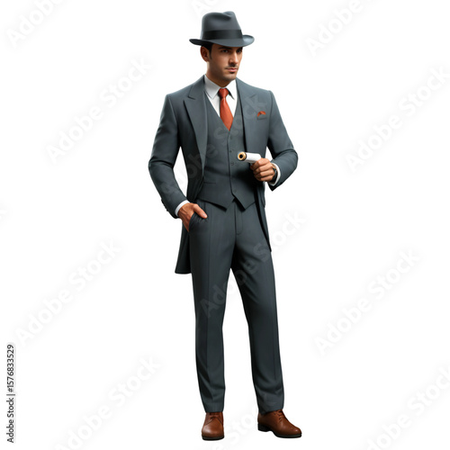 Man in Gray Vintage Suit and Fedora Hat Holding a Rolled Paper, 1940s Style, AI Generated
