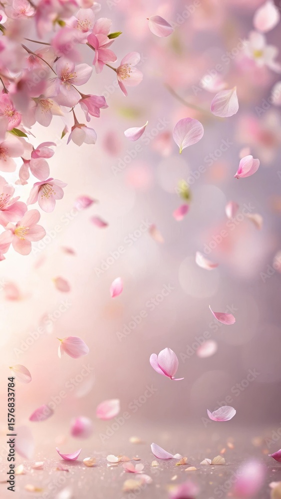 Fototapeta premium delicate pink sakura petals gently falling on a soft pastel background