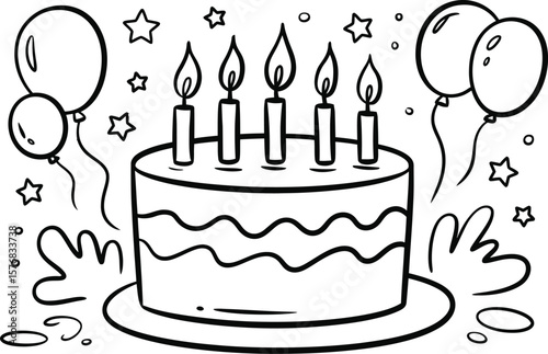 Birthday Cake Outline Illustration: Celebration Coloring Page with Candles and Balloons