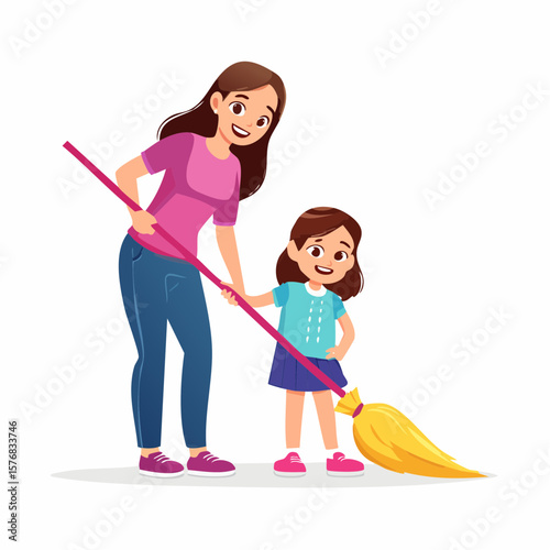 Cheerful child sweeping the floor with a small broom, smiling while cleaning � a positive vector scene promoting helpfulness and responsibility in everyday life