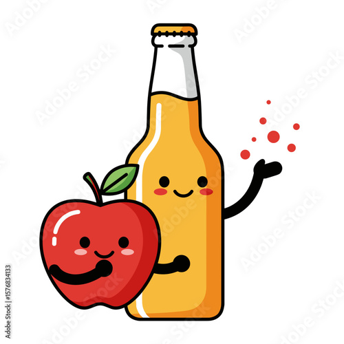 Cute apple character with cider bottle showing playful expression  