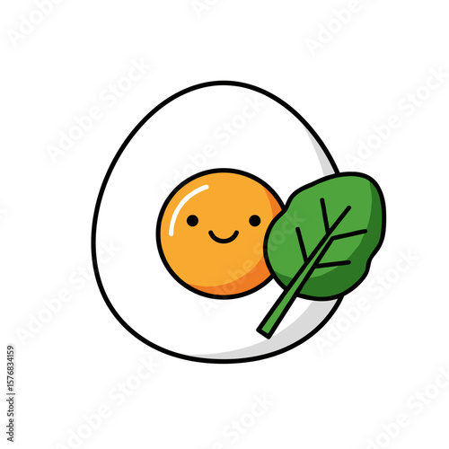 Cute egg character with smiling yolk and spinach leaf