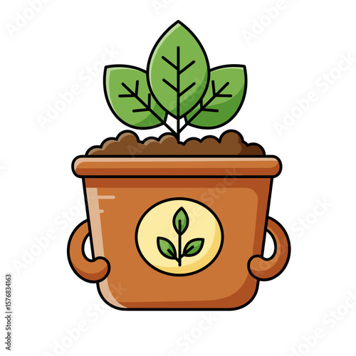 Potted plant with green leaves and soil in a decorative pot  