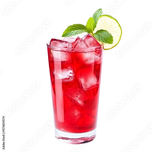 Refreshing cranberry cocktail with ice, lime and mint on a black background