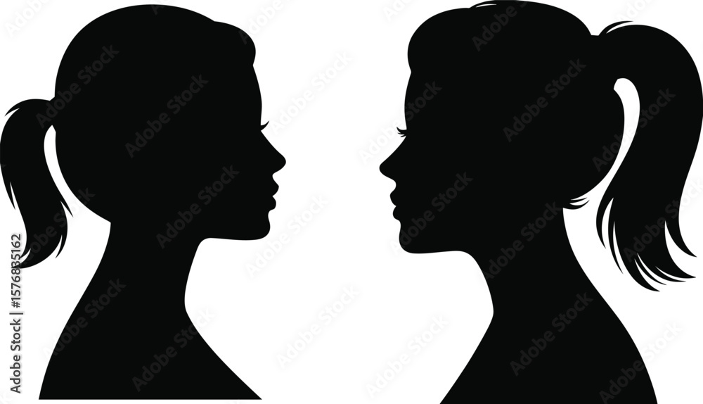 Fototapeta premium Two Female Profiles Silhouettes: Diverse Women Facing Each Other Headshots