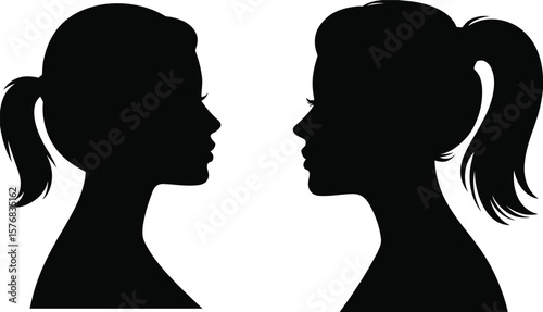 Two Female Profiles Silhouettes: Diverse Women Facing Each Other Headshots