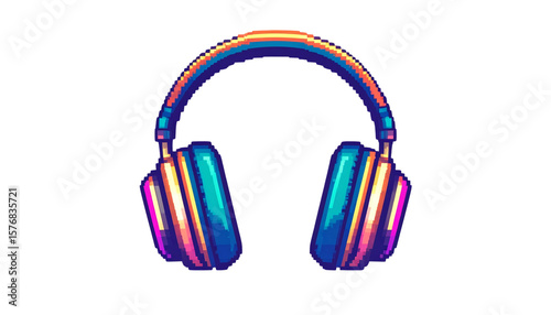 Pixel art illustration of vibrant, colorful headphones.