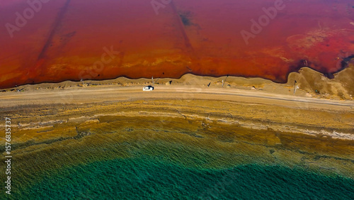 Red salt sea lake, at winter, village Alyki, Boeotia, Greece.