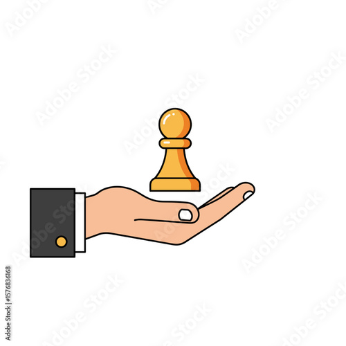 Hand holding a chess pawn in flat design style on white background  
