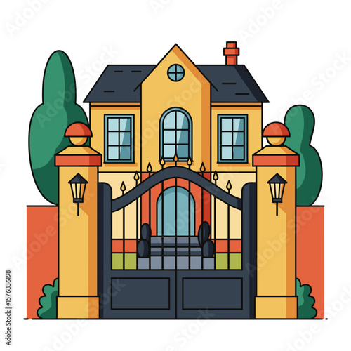 Yellow mansion with gate and garden in a modern style  