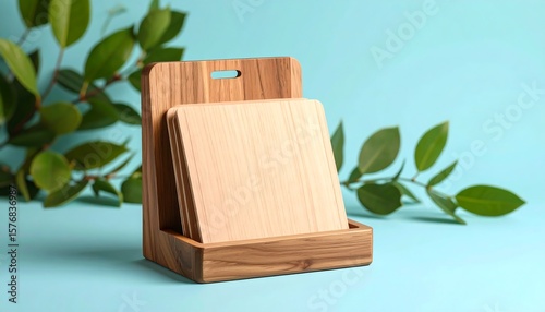 Wooden Card Holder with Rustic Wooden Cards Set Against Light Blue Backdrop