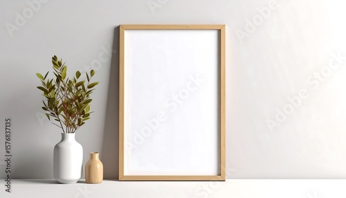 Wooden Frame with White Center and Green Sprigs in White Vase on Table