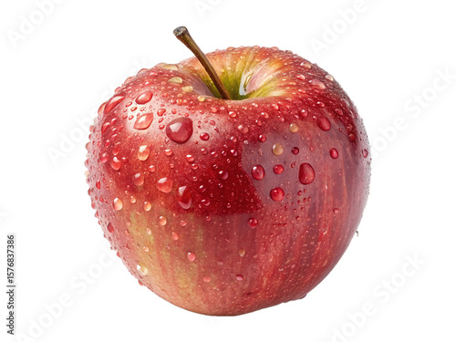 A shiny red apple with water droplets on its surface against a black background in close up view