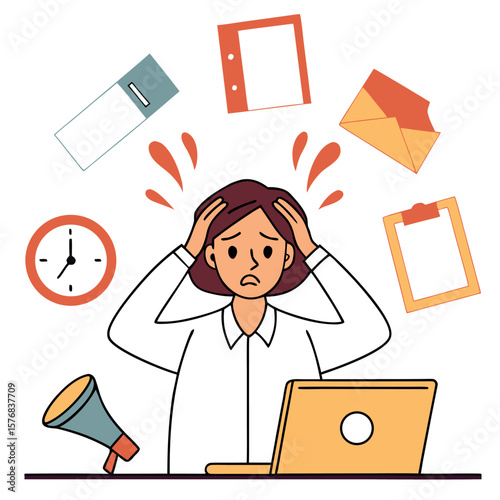 Overwhelmed Woman Juggling Multiple Tasks Feeling Stressed and Anxious at Work