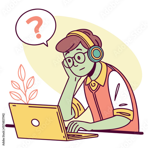 Curious Young Person Learning Online with Headphones and a Laptop Question Mark Bubble