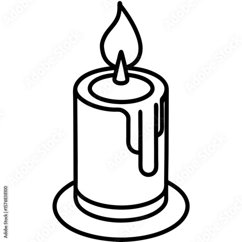 Burning candle with melting wax in black line art
