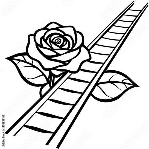 Rose on railroad track in black and white illustration