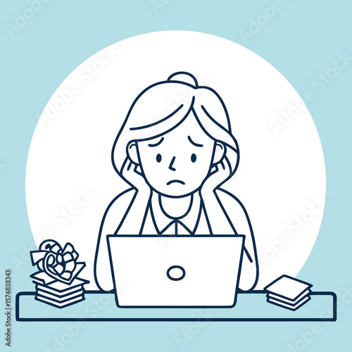 Overwhelmed Woman Staring Blankly at Computer Screen with Piles of Paperwork