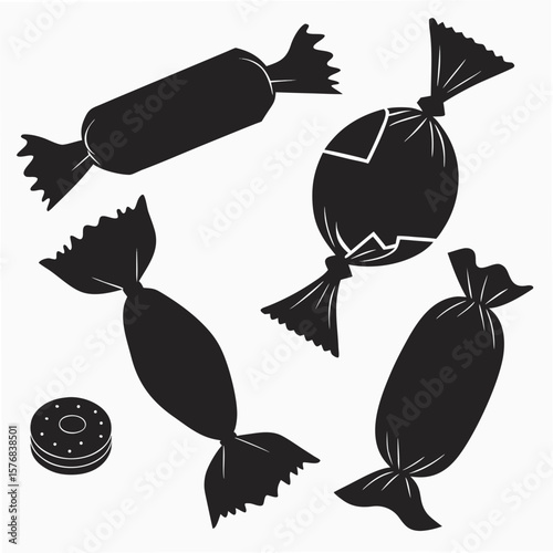 Assorted candy wrappers and sweet silhouettes confectionery