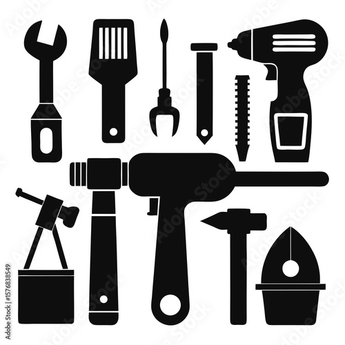 Assortment of black construction tool silhouettes tools drill