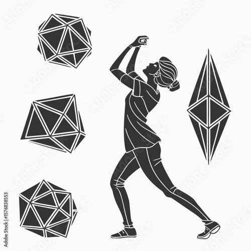 Athletic woman reaching for geometric crystal shapes mineral