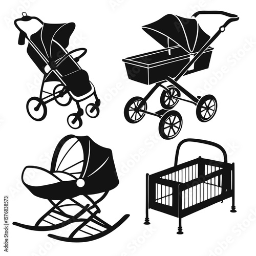 Baby transport and sleeping equipment silhouettes baby stroller cradle