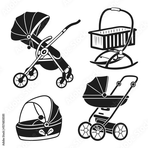 Baby transport equipment silhouettes baby stroller cradle