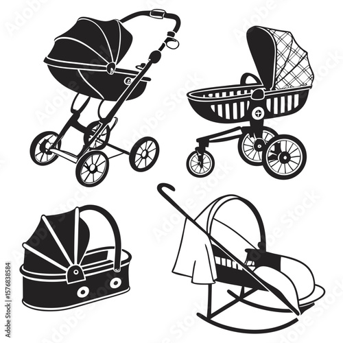 Baby transport equipment silhouettes baby stroller cradle