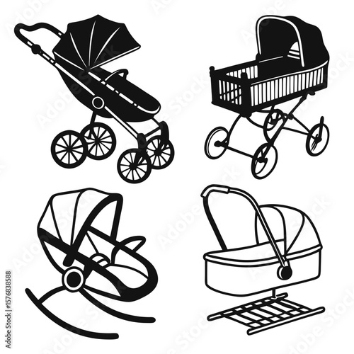 Baby transport equipment collection black silhouettes baby stroller cradle