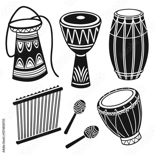 Black African Drums And Folk Instruments With Tribal Patterns percussion djembe