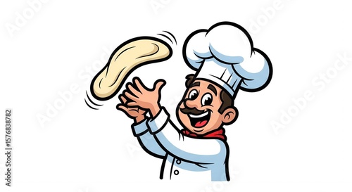 Happy Chef Tossing Pizza Dough: A Culinary Cartoon Illustration
