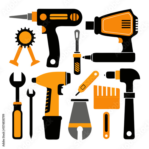 Black and orange construction tools collection drill hammer