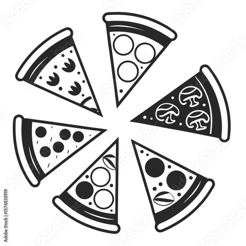 Black and white pizza slices arranged in a circle food illustration