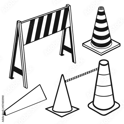 Black and white traffic safety cones and barriers construction cones traffic barriers