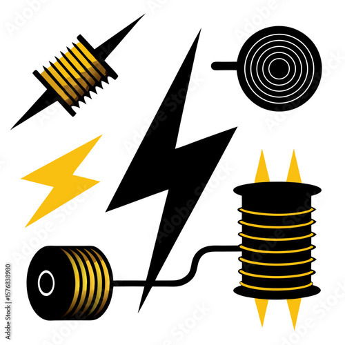 Black and yellow electrical components and lightning bolts electricity wire