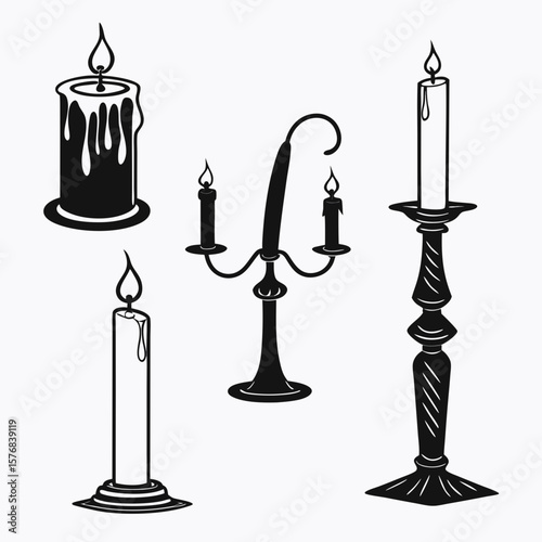 Black candle silhouettes with dripping wax and ornate holders white