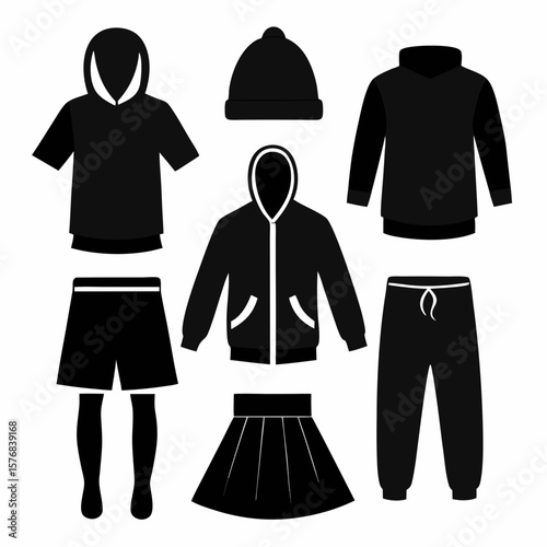 Black clothing silhouettes featuring hoodies pants shorts skirt and beanie apparel