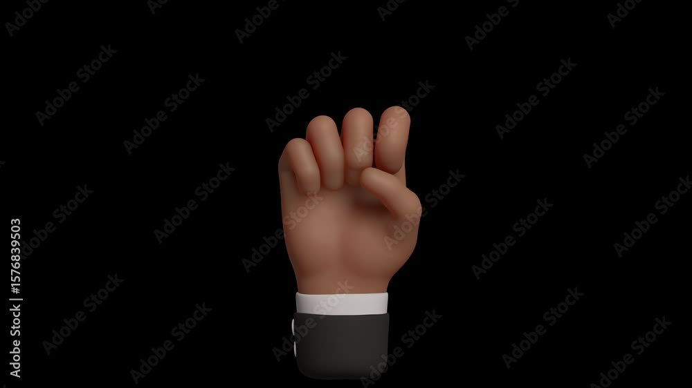 Seamless 4K loop of black skin hand counting numbers one gesture in black sleeve. 3D emoji cartoon animation render with alpha transparent background.