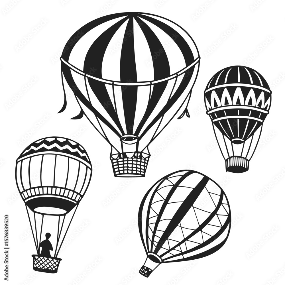 Obraz premium Black hot air balloon silhouettes with patterned designs black and white travel