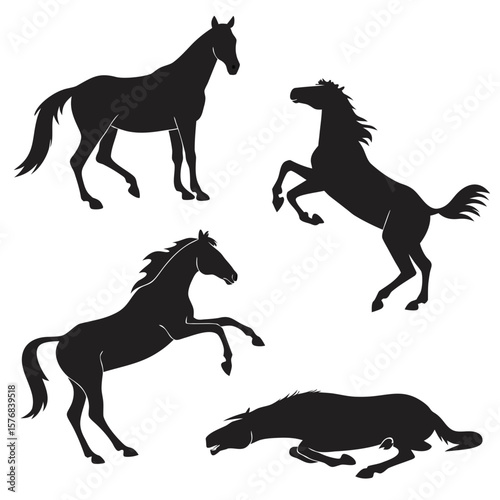 Black horse silhouettes in various dynamic poses galloping rearing