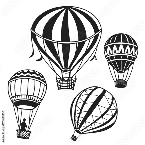 Black hot air balloon silhouettes with patterned designs black and white travel