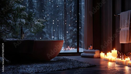Winter snowy forest view from a cozy bathroom with a freestanding tub and candles