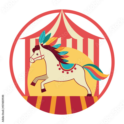 Performing Circus Horse with Colorful Feather Headgear
