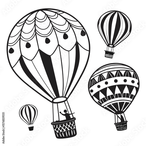 Black hot air balloon silhouettes with varied patterns black and white travel