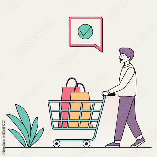 Successful online shopping confirmation with a happy customer pushing a cart full of bags